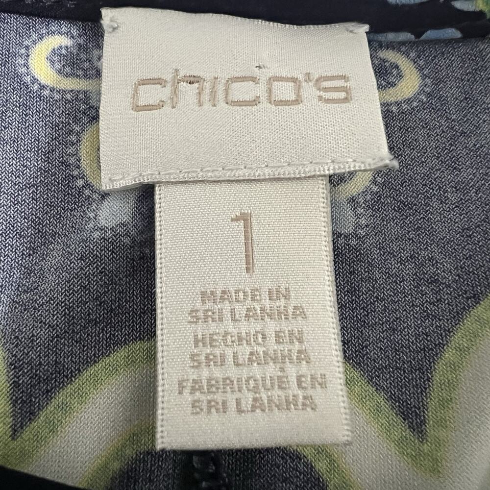 Chico’s Womens Size 1 (M) Navy Blue Purple Paisley Dress Gold Buttons On Sleeve - Picture 4 of 7